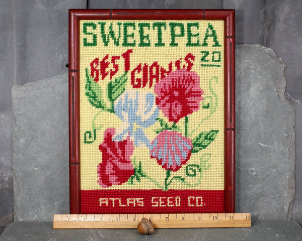 Vintage Framed Needlepoint | Sweet Pea Seed Packet Needlepoint | Bixley Shop