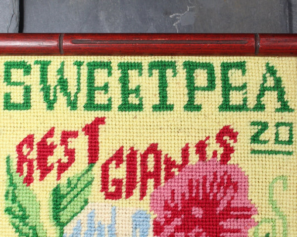 Vintage Framed Needlepoint | Sweet Pea Seed Packet Needlepoint | Bixley Shop