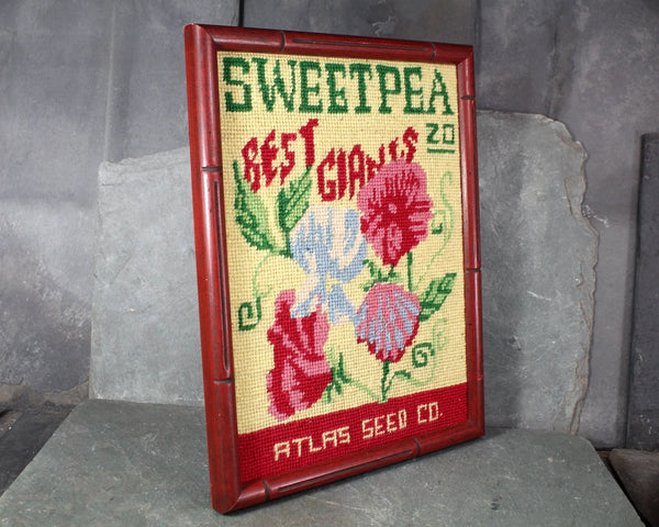 Vintage Framed Needlepoint | Sweet Pea Seed Packet Needlepoint | Bixley Shop