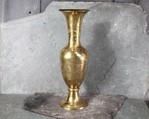 Vintage Etched Brass Vase | 10" Tall Indian Brass Vase | Etched Leaf Polished Brass Motif | Bixley Shop