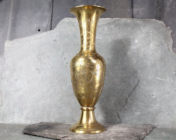 Vintage Etched Brass Vase | 10" Tall Indian Brass Vase | Etched Leaf Polished Brass Motif | Bixley Shop