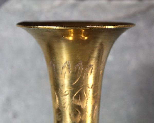 Vintage Etched Brass Vase | 10" Tall Indian Brass Vase | Etched Leaf Polished Brass Motif | Bixley Shop