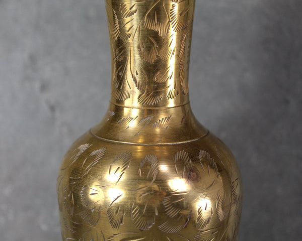 Vintage Etched Brass Vase | 10" Tall Indian Brass Vase | Etched Leaf Polished Brass Motif | Bixley Shop