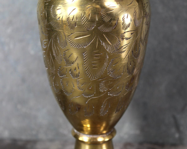 Vintage Etched Brass Vase | 10" Tall Indian Brass Vase | Etched Leaf Polished Brass Motif | Bixley Shop