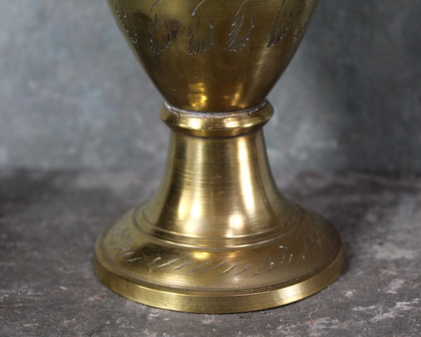 Vintage Etched Brass Vase | 10" Tall Indian Brass Vase | Etched Leaf Polished Brass Motif | Bixley Shop