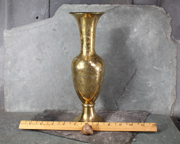 Vintage Etched Brass Vase | 10" Tall Indian Brass Vase | Etched Leaf Polished Brass Motif | Bixley Shop