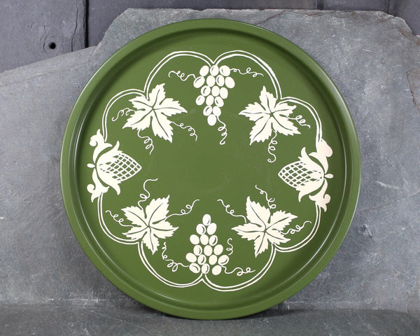 Avocado Green Metal Tray & Coaster Set | Tray and 8 Coasters | Grape Design on Avocado Green | Vintage Serving Tray | Bixley Shop