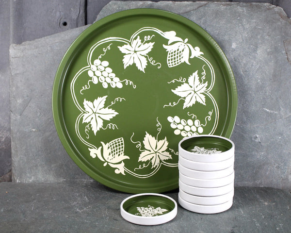 Avocado Green Metal Tray & Coaster Set | Tray and 8 Coasters | Grape Design on Avocado Green | Vintage Serving Tray | Bixley Shop