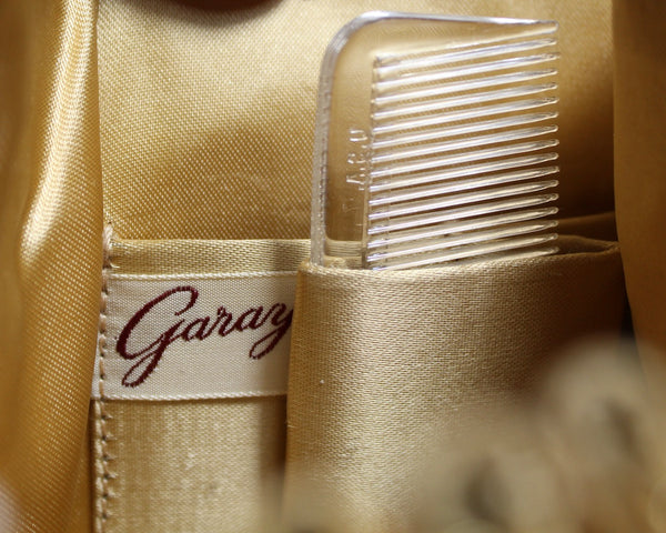 Vintage Brocade Purse | Garay Gold Flower Handbag with Wrist Strap | Party Purse | Comes with Original Comb and Mirror