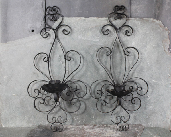 Vintage Wrought Iron Candle Sconces | Single Taper Candles Sconce | Black Wrought Iron Filigree Sconces | Circa 1960s | Bixley Shop