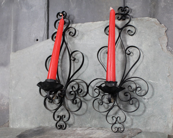 Vintage Wrought Iron Candle Sconces | Single Taper Candles Sconce | Black Wrought Iron Filigree Sconces | Circa 1960s | Bixley Shop