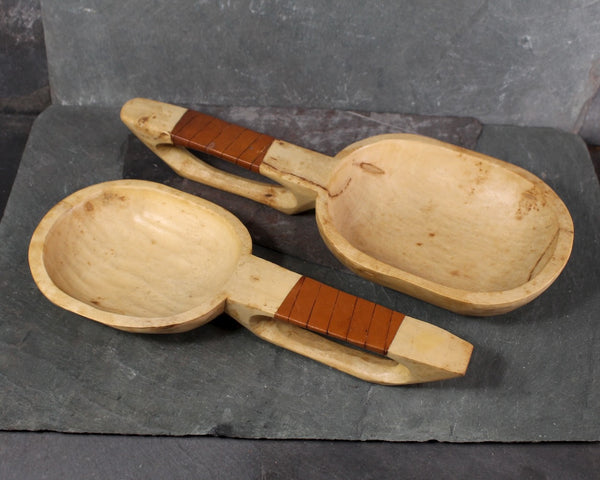 Set of 2 Hand Carved Scoops/Spoons | Folk Art Wooden Scoops with Leather Accent | Sauna Scoops | Bixley Shop