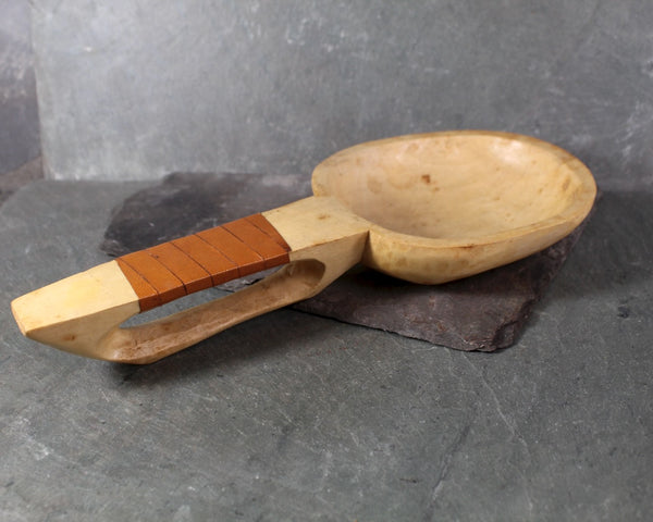 Set of 2 Hand Carved Scoops/Spoons | Folk Art Wooden Scoops with Leather Accent | Sauna Scoops | Bixley Shop