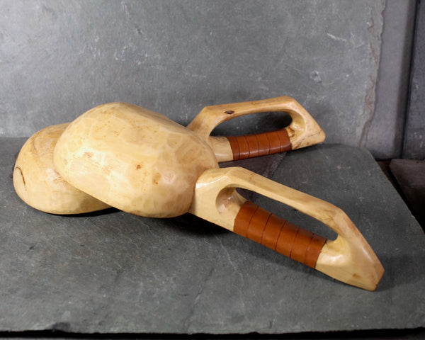 Set of 2 Hand Carved Scoops/Spoons | Folk Art Wooden Scoops with Leather Accent | Sauna Scoops | Bixley Shop