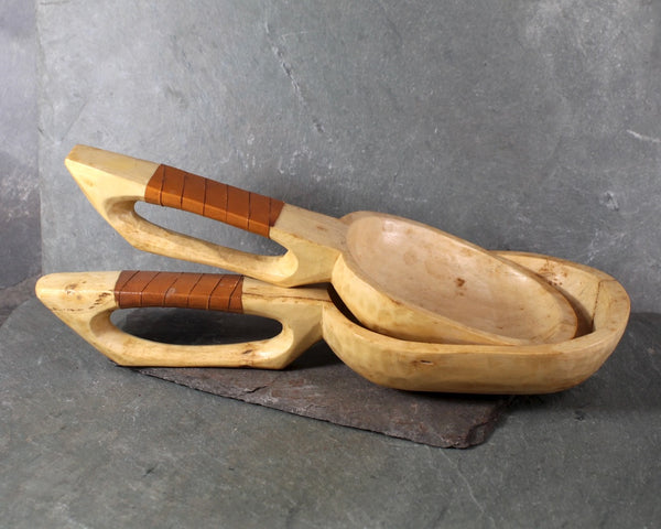 Set of 2 Hand Carved Scoops/Spoons | Folk Art Wooden Scoops with Leather Accent | Sauna Scoops | Bixley Shop