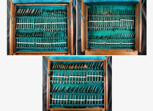 145 Piece Bronze Flatware from Thailand - Twelve 11 Piece Place Settings Plus 14 Serving Items - In Wooden Case with Velvet Lining