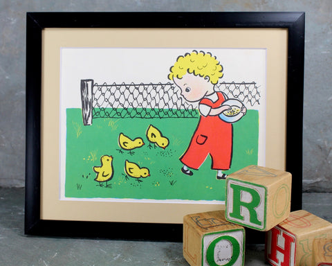 Boy Feeding Chicks Child's Book Art - Authentic Book Illustrations w/Custom Mat Fits 8" x 10" Frame - Sold UNFRAMED