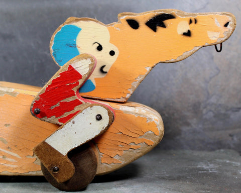 FOR TOY COLLECTORS! Vintage Wooden Horse with Rider Pull Toy - Classic Wooden Horse with Puppy Rider - Preschool Pull Toy
