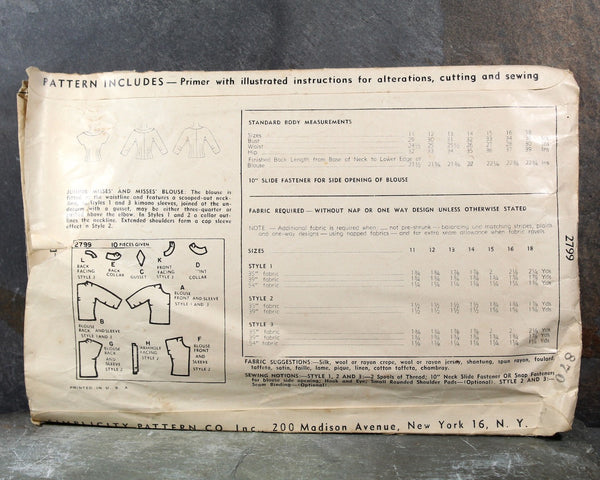 1949 Simplicity #2799 Blouse Pattern | Size 12, Bust 30" | Cut, Complete Pattern