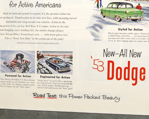 1953 Vintage Dodge Car Magazine Advertisement - UNFRAMED Vintage Magazine Advertising Page from the Saturday Evening Post, Feb 7, 1953