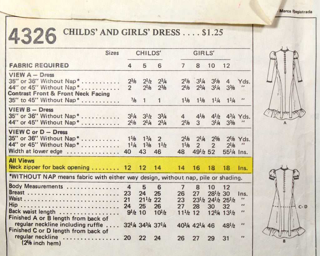 1974 McCall's #4326 Girl's Dress Pattern, Size 10