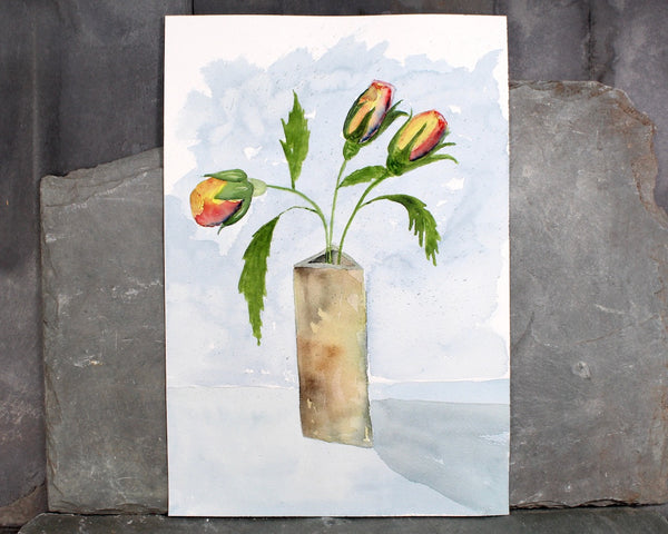 Original Watercolor by Julia Blackbourn -  Unsigned Original Watercolor with Paintings On Both Sides: "Tulips" and "People" - UNFRAMED