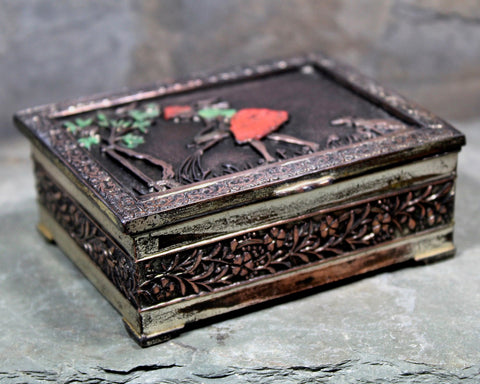 Japanese Metal Box with Wood Lining - Made in Japan - Girl in Garden - Copper Plated Trinket Box