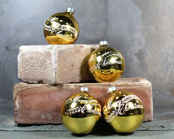 Set of 4 "Merry Christmas" Gold Glass Ornaments | Vintage Ornaments | Circa 1960s