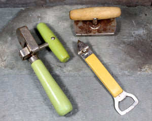 Antique Kitchen Tools - Set of 3 - Edlund Junior Can Opener & top-Off Can Opener Wooden Handle, Foley Opener with Plastic Handle