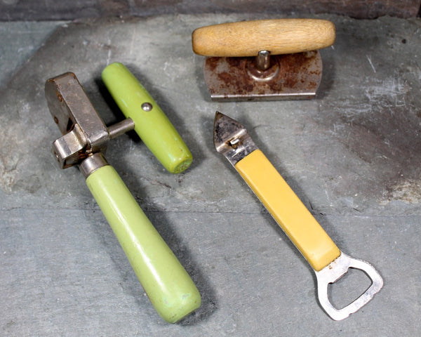 Antique Kitchen Tools - Set of 3 - Edlund Junior Can Opener & top-Off Can Opener Wooden Handle, Foley Opener with Plastic Handle