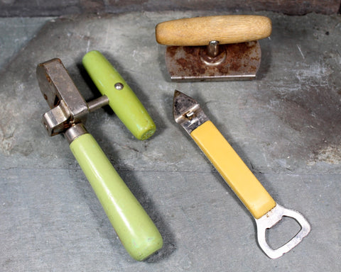 Antique Kitchen Tools - Set of 3 - Edlund Junior Can Opener & top-Off Can Opener Wooden Handle, Foley Opener with Plastic Handle