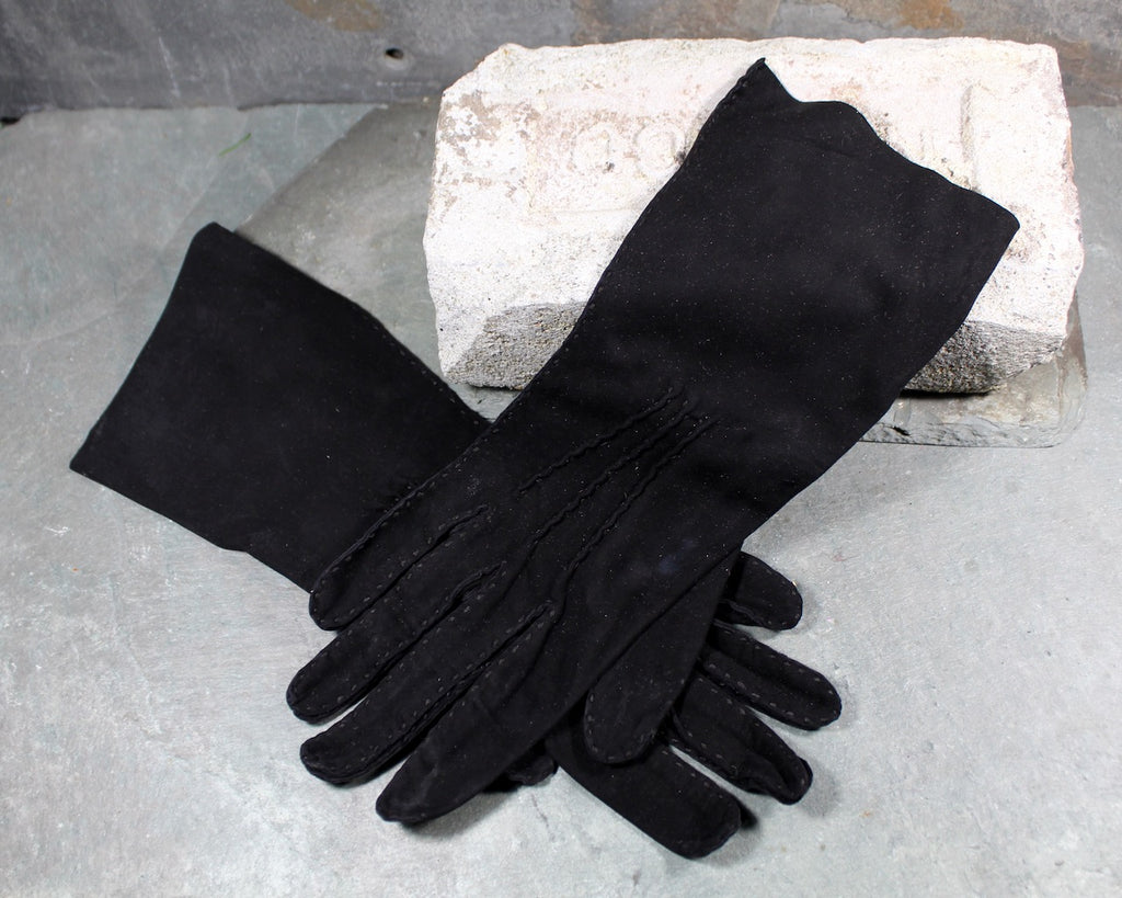 Vintage Black Hand Stitched Suede Gloves - Driving Gloves - Black