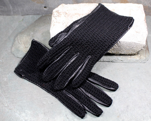 Vintage Black Leather and Wool Gloves - Driving Gloves - Black Leather With Black Knit Back - Sleek Gloves