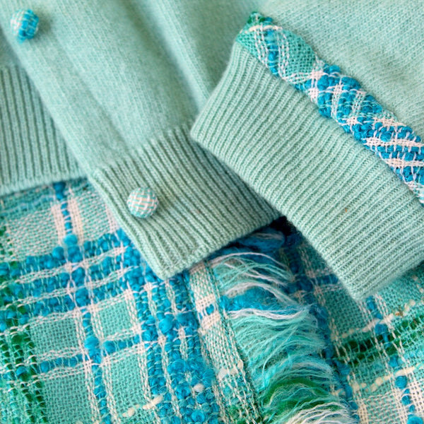 RARE Lee Collins Matching Tweed Skirt & Cashmere Sweater - Teal Cashmere Cardigan, Pencil Skirt Wrap Look -Approx Size 8-10