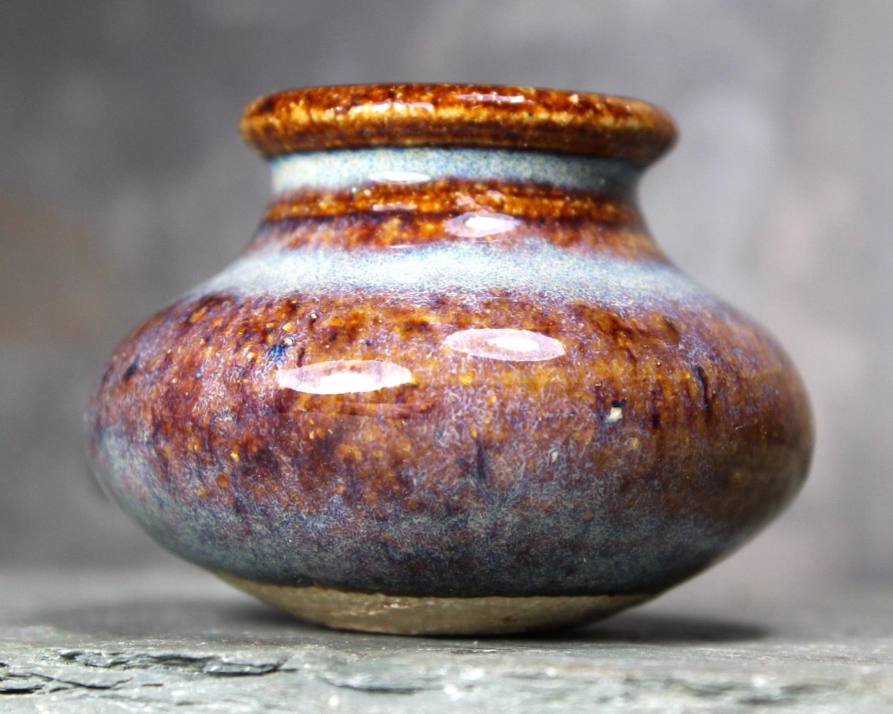 Mini Stoneware Vase - Hand Glazed Brown and Pale Blue Glaze - Rough Base - Folk Art Stoneware