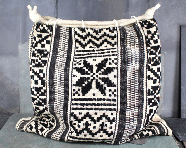 Black & White Woven Beach Tote Bag | 1970s BoHo Chic Tote Bag