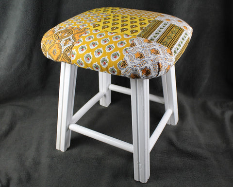 Upcycled Padded Seat 14" Stool -Refurbished Small Stool - Up-Cycled Vintage Small Padded Stool - Refurbished & Reupholstered with Vintage Fabric