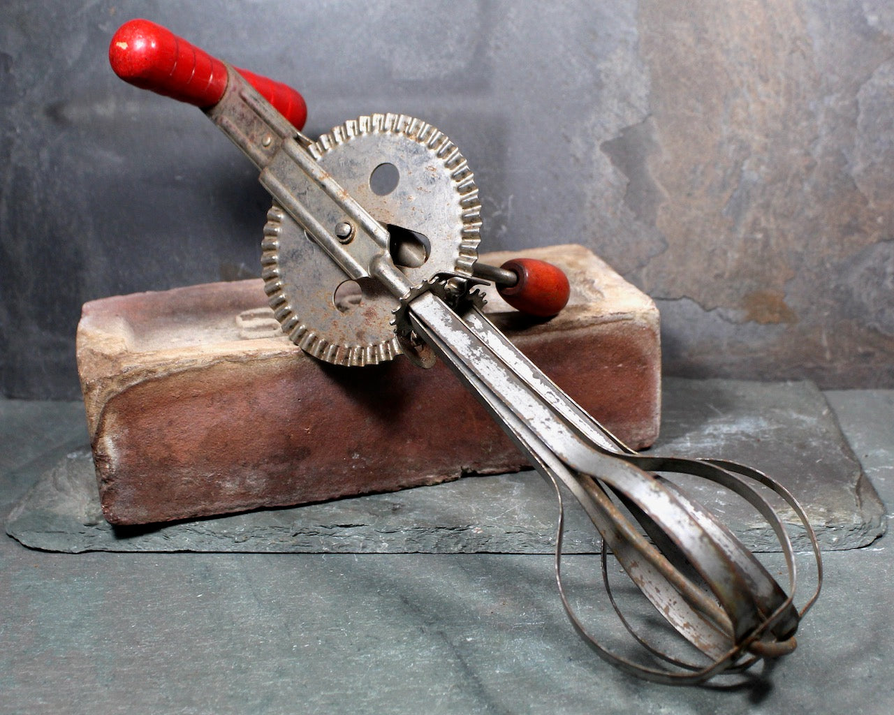 vintage eggbeater, hand crank rotary mixer w/ old red paint wood handle