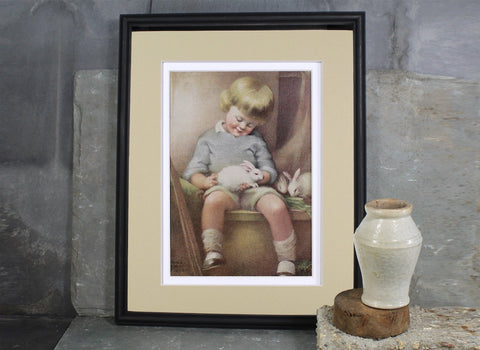 Annie Benson Muller Illustration Child with Bunnies | 1920s Vintage Art | Matted and Framed to Fit Standard 8x10" Frame | UNFRAMED