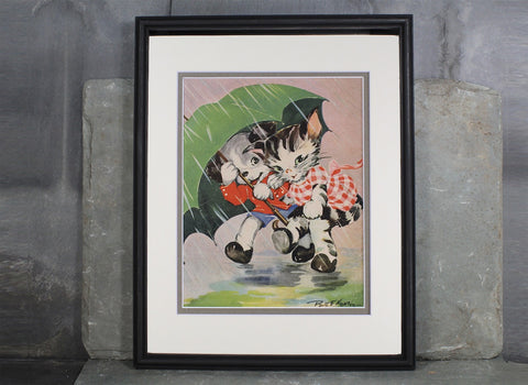 Ruth E. Newton Illustration Kittens in the Rain | 1930s Vintage Art | Matted and Framed to Fit Standard 11x14" Frame | Baby Gift | UNFRAMED