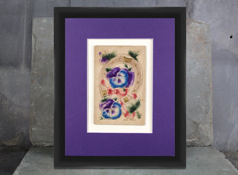 1900s Birthday Card Mounted and Matted | Purple & Blue Violets | Vintage Art | Fits in Standard 8x10 Frame | UNFRAMED