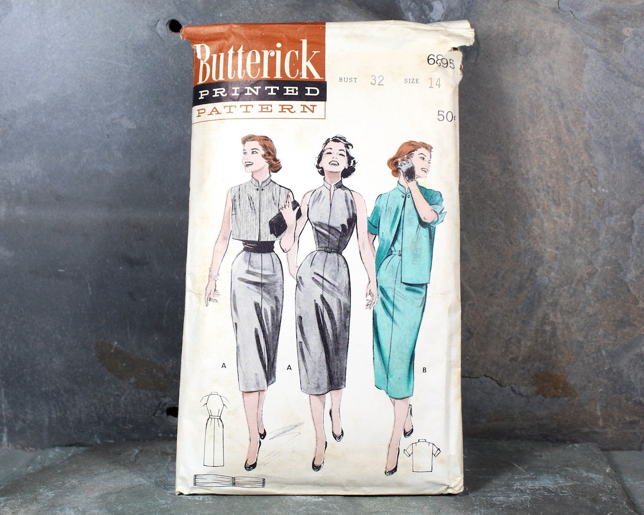 1950s Butterick #6895 Dress Pattern | Size 14/Bust 32" | COMPLETE Cut Pattern in Original Envelope