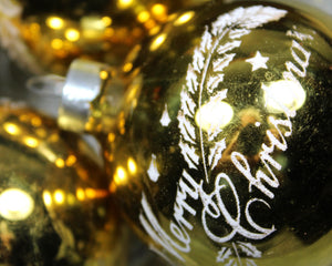 Set of 4 "Merry Christmas" Gold Glass Ornaments | Vintage Ornaments | Circa 1960s