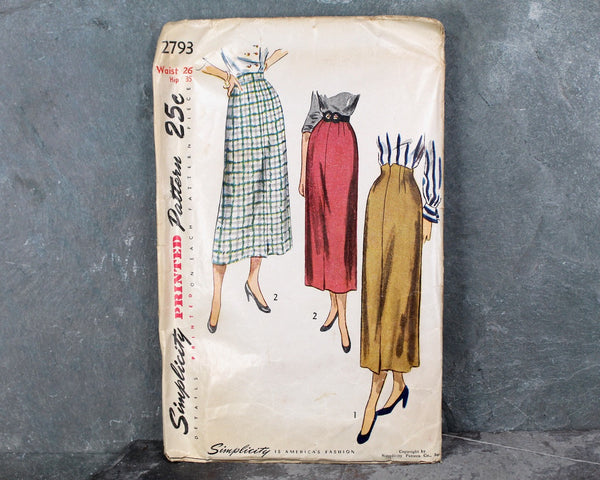 1949 Simplicity #2793 Skirt Pattern | Waist 26"/Hip 35" | COMPLETE Cut Pattern in Original Envelope