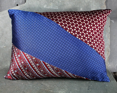 One of a Kind Necktie Pillow | London Nights #343 |  Red & Blue 13"x10" Pillow Made from Up-Cycled Silk Ties - Includes Pillow Filling