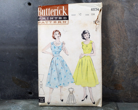 1950s Butterick #6574 Dress Pattern | Size 14/Bust 32" | COMPLETE Cut Pattern in Original Envelope
