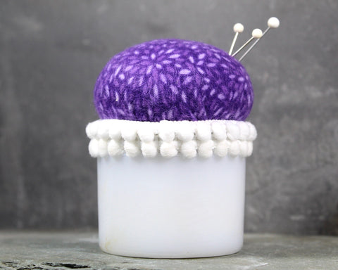 Purple Milk Glass Upcycled Pin Cushion | Upcycled Pin Cushion | Vintage Milk Glass | One of a Kind Gift | Quilter's Gift
