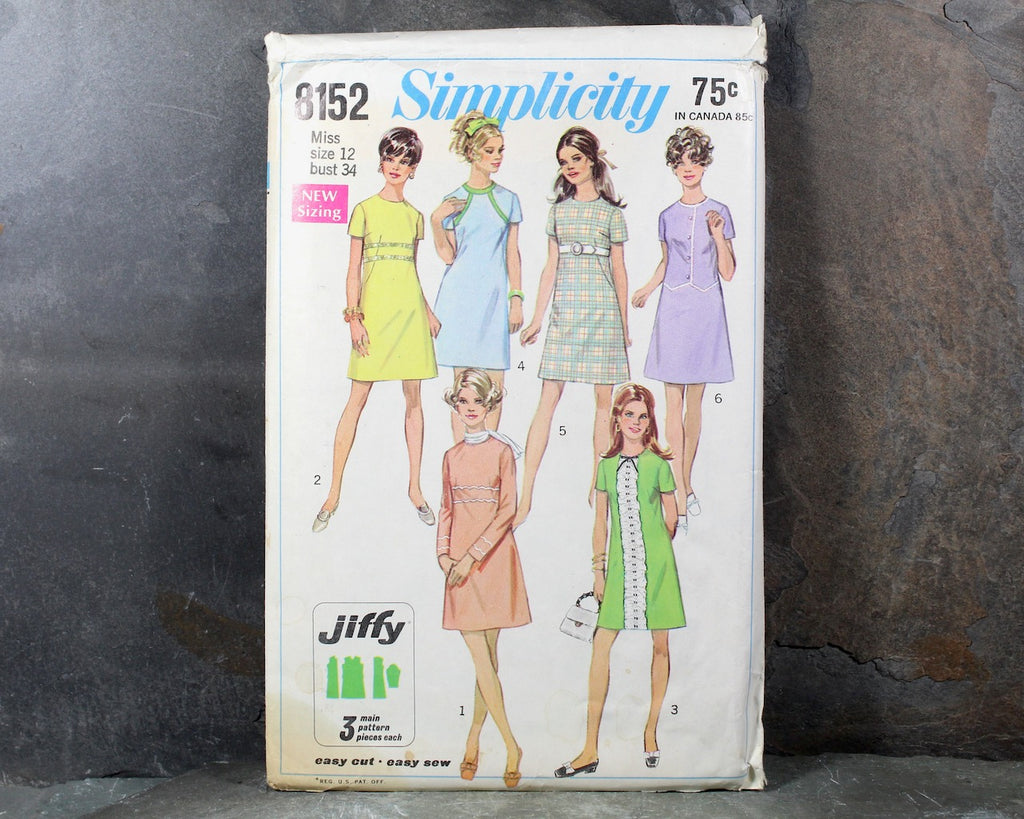 1969 Simplicity #8152 Mod Dress Pattern, Size 12, Bust 34