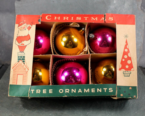 Vintage Christmas Large Glass Ornaments in Bold Pink & Gold | Set of 6 in Original Box | Made in Poland