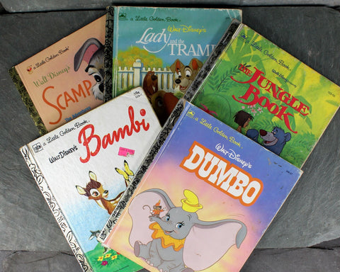 DISNEY CLASSICS! Set of 5 Disney Little Golden Books | 1970s/80s | Bambi | Jungle Book | Lady & the Tramp | Dumbo | Scamp